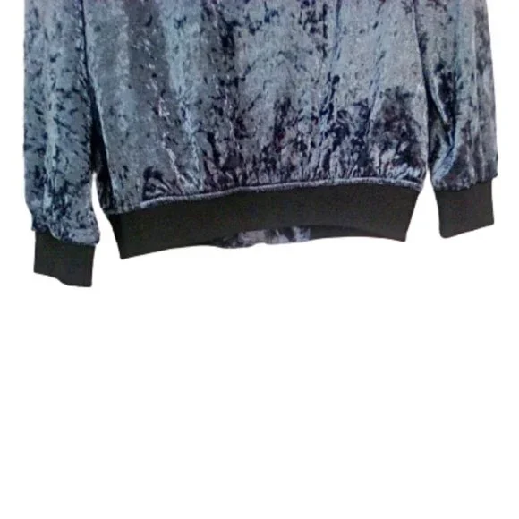 Forever 21 Sz S Jacket Bomber Zip Crushed Velvet Blue Sheen Black Cuffs Hemline - Picture 3 of 3